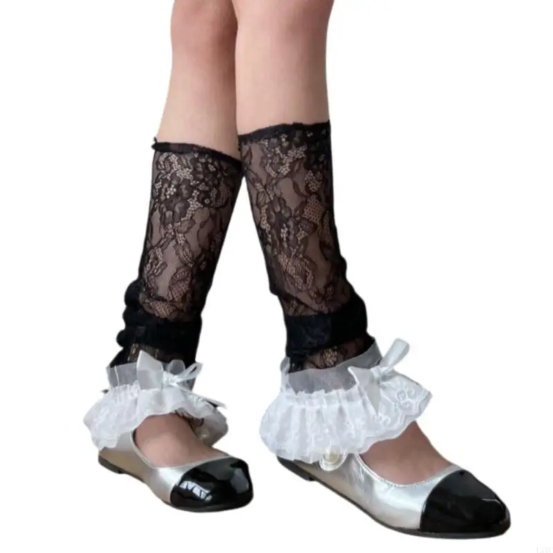 

L5YC Japanese Women Summer See Through Lace Leg Warmer Bowknot Ruffled Flared Loose Leg Cover Calf Length Socks