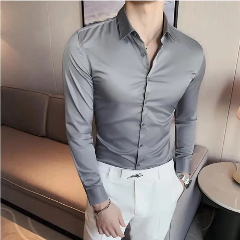 New Style Men\'s Spring Autumn High Quality Long Sleeve Shirts /Male Slim Fit Lapel Solid Color Business Dress Shirt 4XL-M