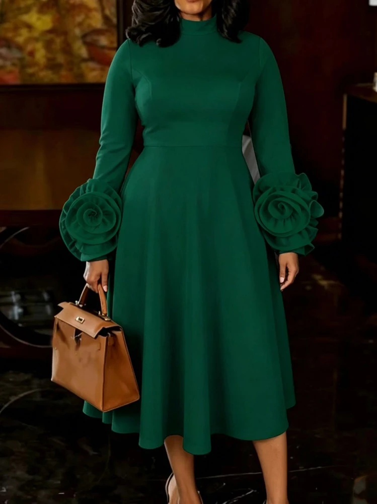 JENYAGE Damen schickes Midikleid mit hohem Kragen und langen Ärmeln, 3D-Rosenblüten-Manschetten, schmal geschnitten, A-Linie, einfarbig, dehnbar, elegantes formelles Partykleid – Detail 2