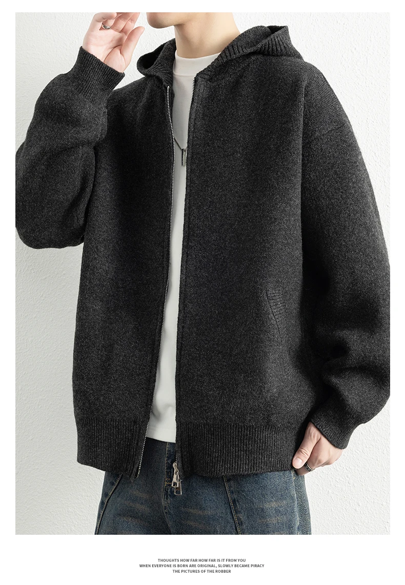 Legible Autumn Winter Casual Sweaters Men Solid Color Hooded Sweatercoats Male Loose Zip-up Knitted Cardigan Man
