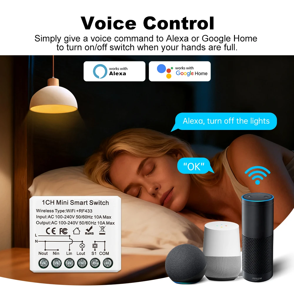 MANHOT WiFi RF433mhz Smart Switch Module Smart Home Wireless Push Button Relay Switch Via Alexa Google Home Alice Smart Life App