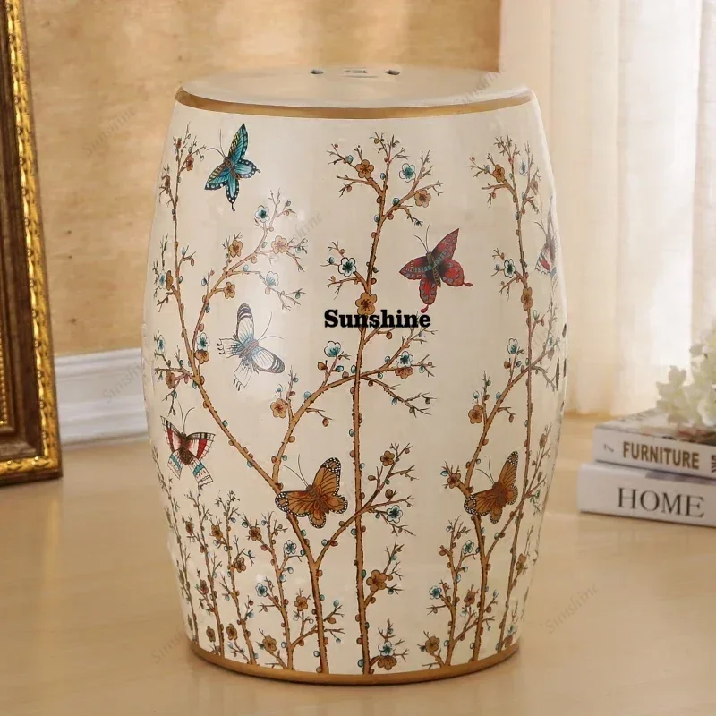 Ceramic Vanity Stool Shoe Stool  Flower Bird Drum Stool Porcelain Pier Embroidered Ottoman Home Decoration H45X28cm