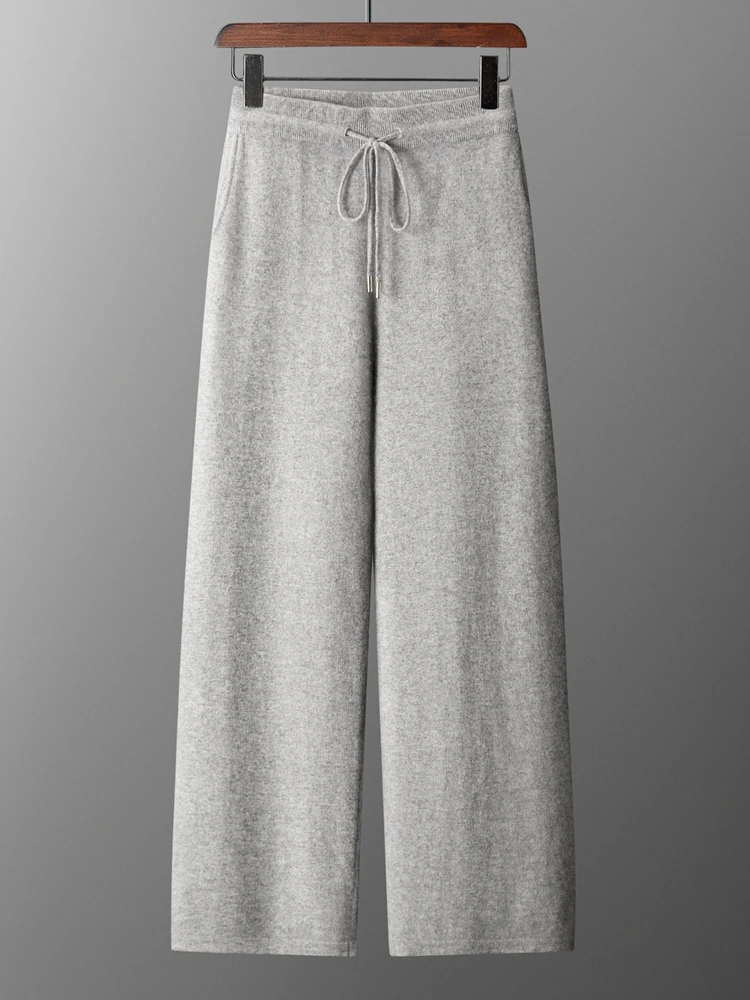 TLOML Men's 100% Merino Wool Knitwear Spring Autumn Wide Leg Pants Soft Warm Smart Casual Trousers Elasticity Waist Basic Pants