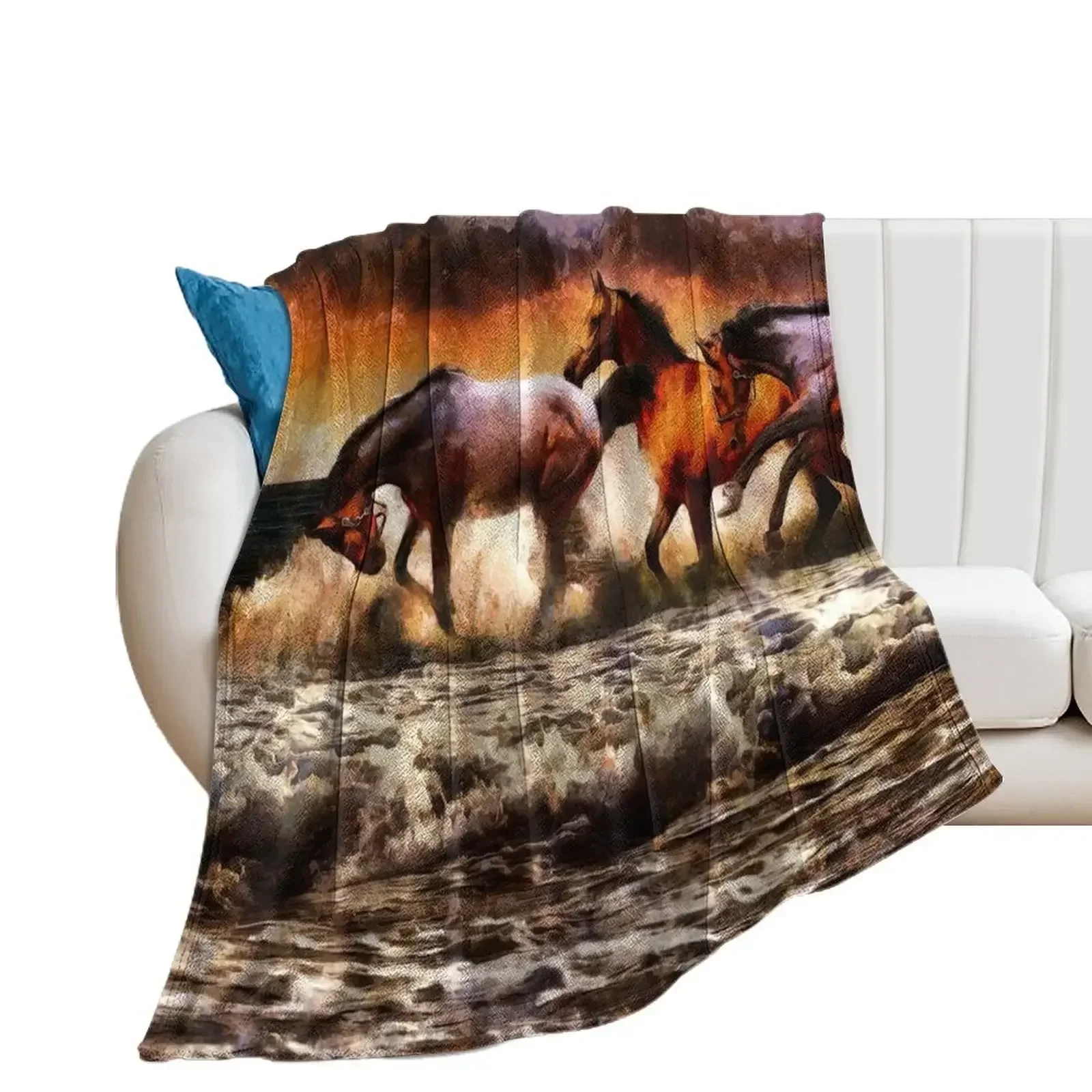 Powerful Horses Galloping Through The Sea Digital Painting Throw Blanket Luxury Hairys Loose for winter Blankets