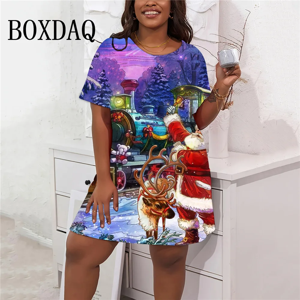 Nowy Rok 2024 Damska sukienka świąteczna Casual Santa Claus Short Sleeve Print Party Dresses Ladies Loose Plus Size Clothing 8XL 9XL