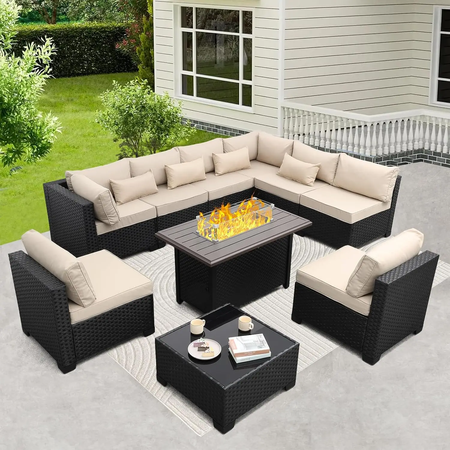 All-Weather Wicker Outdoor Sectional Sofa Set with Fire Pit Table Glass Table Non-Slip Cushions Waterproof Covers, Customized