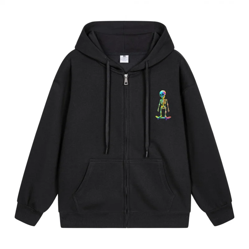 

Men's Zip-Up Hoodie Colorful Skeleton On Black Hoodie Halloween in 2025 Casual Couples’ Style Halloween Theme Halloween Party O