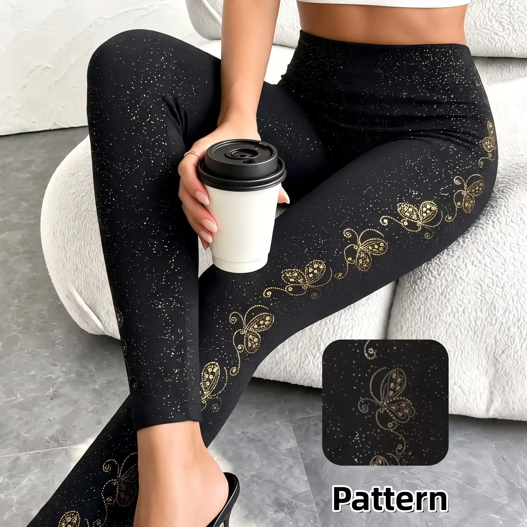 1er-Pack goldene Leggings mit Schmetterlings-Glitzer-Print, hoher Taille, weichem Stretch und modischem Slim-Schnitt für den Alltag – Detail 6