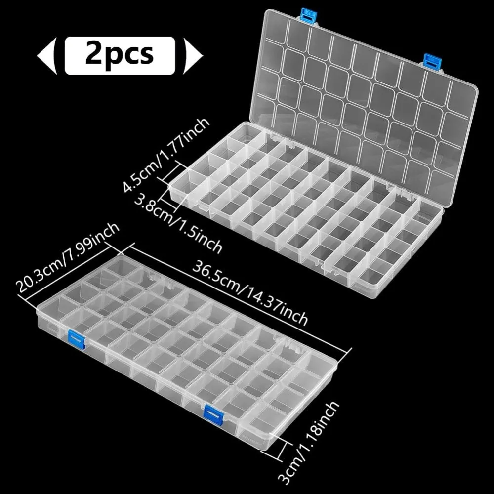 2 Pack 36 Grids 14.3x8x1.18 Inch Large Transparent Plastic Compartment Box Grid Bead Organizers with Adjustable Dividers