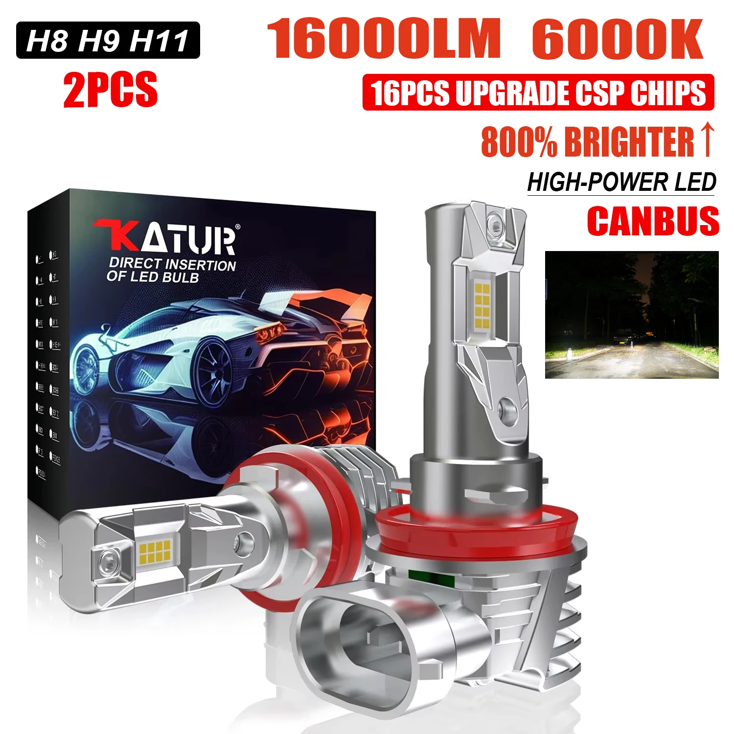 Katur 2X H8 H9 H11 LED Headlight Bulbs Fanless Canbus 360° Beam Angle Fog Light Bulb 16PCS-GC 7535 80W For Seat Leon 5f Altea
