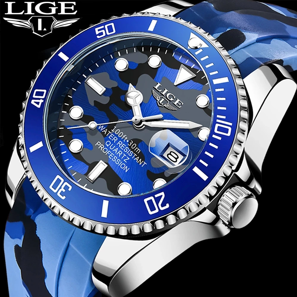 LIGE Top Brand Luxury Silicone Watches for Men Fashion Auto Date Casual Sport Man Watch Chronograph Quartz Clocks Wristwatch+Box