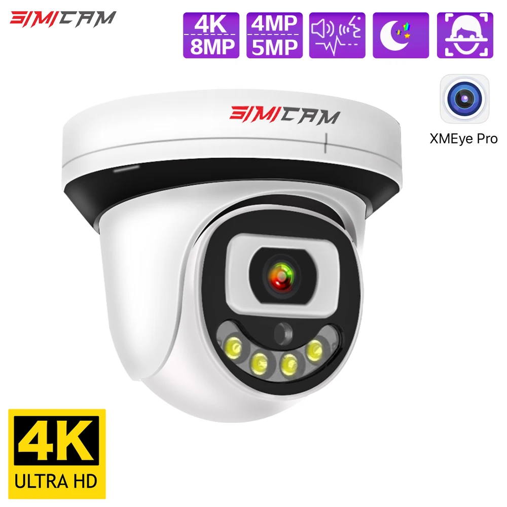 SIMICAM 4K Security IP Camera Surveillance POE/12V 8MP/5MP/4MP Witch Two Way Audio Color Night Vision Onvif AI Smart Alarm Xmeye