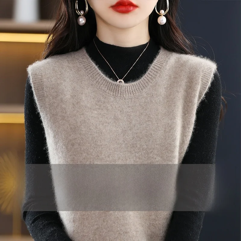 

Свободный вязаный шерстяной жилет для женщин, свитер с круглым вырезом без рукавов, теплая верхняя одежда для весны и осени, удобный и дышащий.