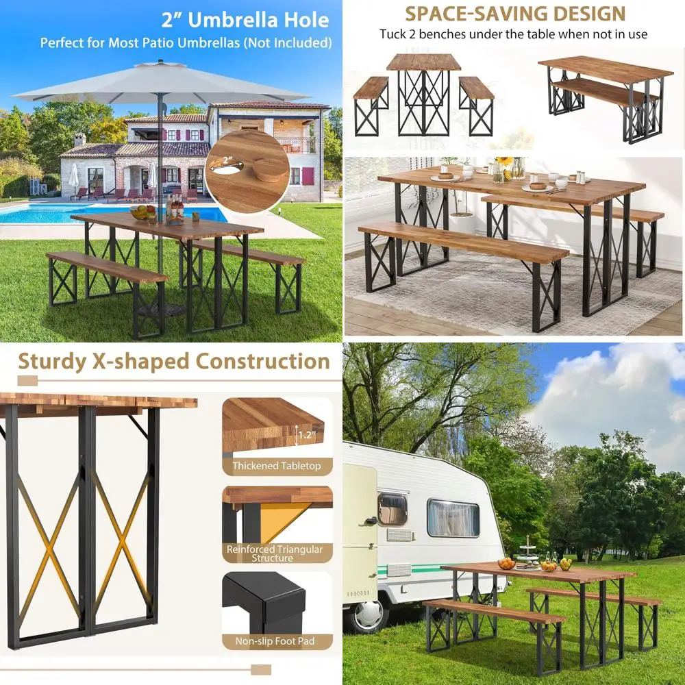 

Набор для пикника из акации на 6 человек с 2 скамьями, отверстием для зонта, большой походный стол 67 дюймов