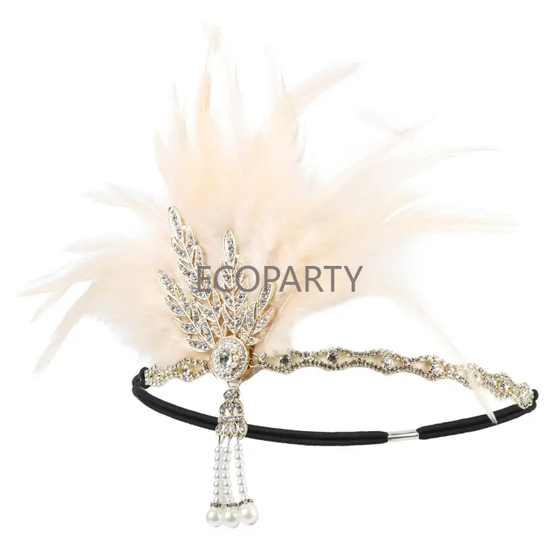 1920s Flapper Headband Feather Headpiece Roaring 20s Great Gatsby Inspired Leaf Medallion Pearl Headband Women Hair Accessories