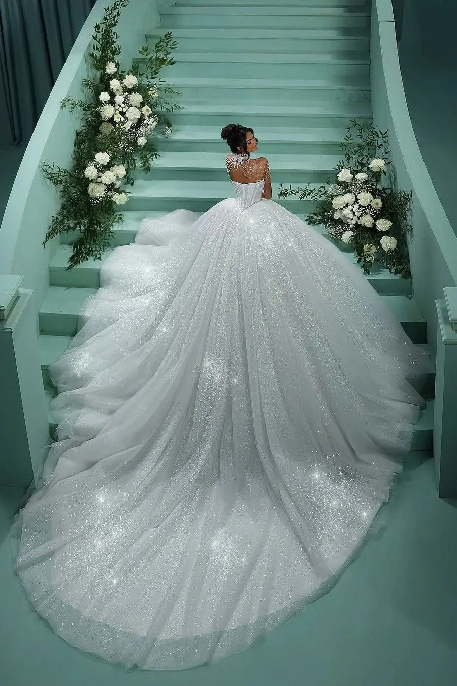 Customized Sequined Sweetheart Ball Gown Wedding Dresses High Collar Bolero Corset Puffy Princess Bridal Gowns