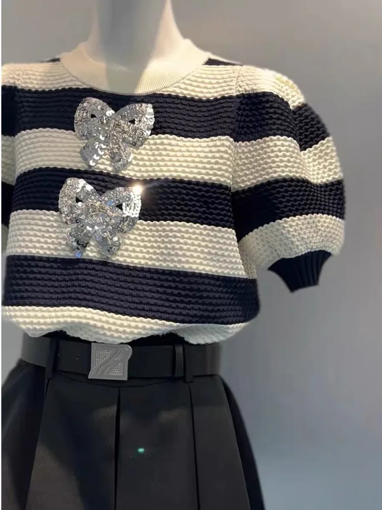 Fashion Striped Knitted Tshirt Tops Women Knit Pullover Sweater 2024 Summer Short Sleeve O-neck Bow Sequined Ladies Knitwear