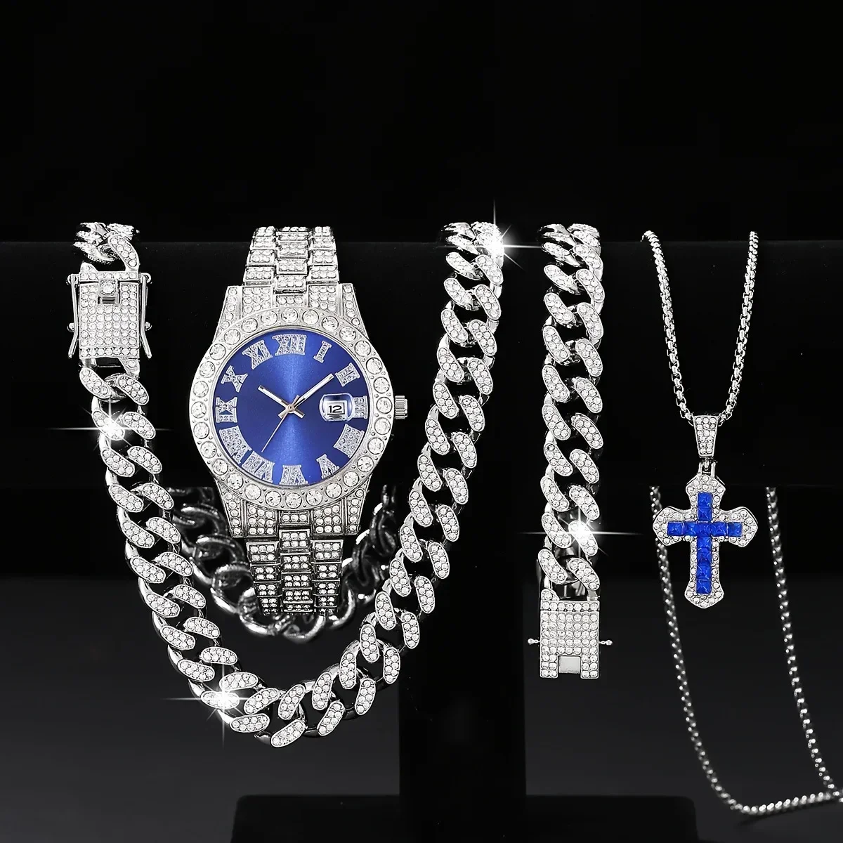5pcs Foreign Trade Hot Men's Watch Set Hip Hop Full Diamond Quartz Watch Set Men's Business Quartz Watch