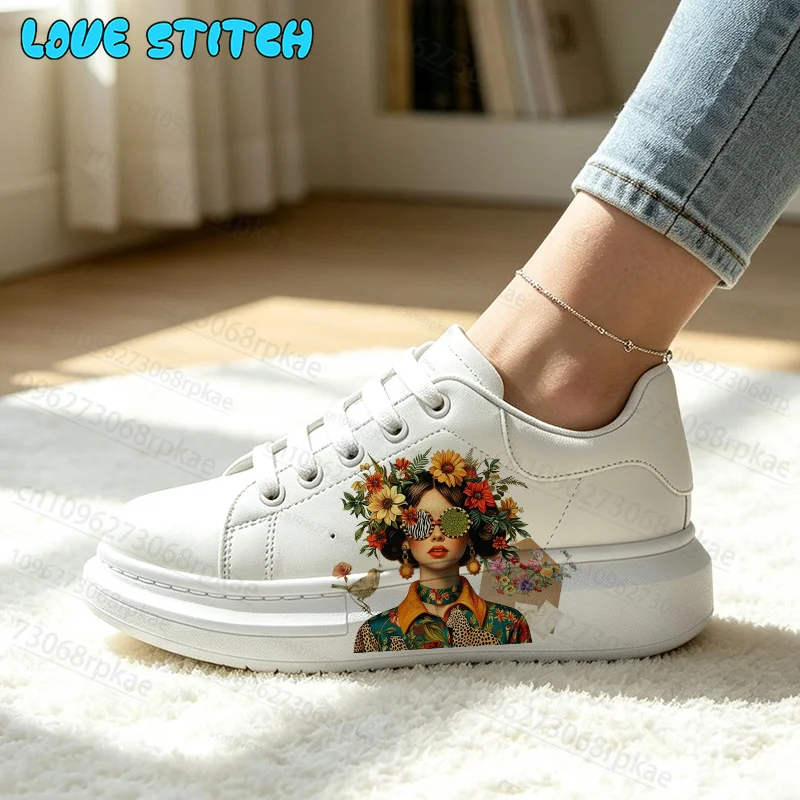 Vintage Boho Flower Lady Element Graphic Print Ladies Trendy Sneakers Popular Personalized Couple Shoes Lightweight Breathable