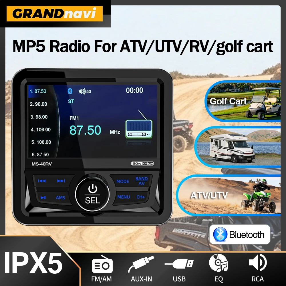 Marine Radio MP5 Player Stereo FM AM Digital Media Audio Player Bluetooth IPX5 Waterproof For RV Yacht ATV UTV Golf Cart