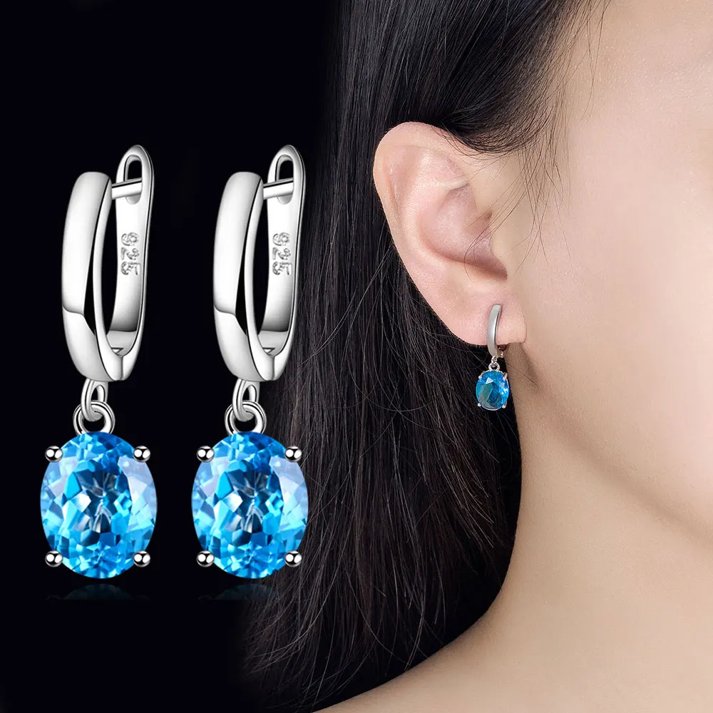 Oval Genuine Natural Blue Topaz 925 Sterling Silver Drop Earrings for Women Fashion Statement Gemstone Jewelry