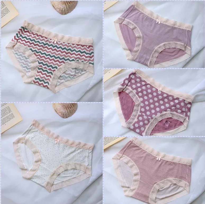 Female Lingerie Soft Polka Dot Panties Girl Striped Print Lace Mid-waist Students Breathable Cozy Cotton Crotch Triangle Bottoms