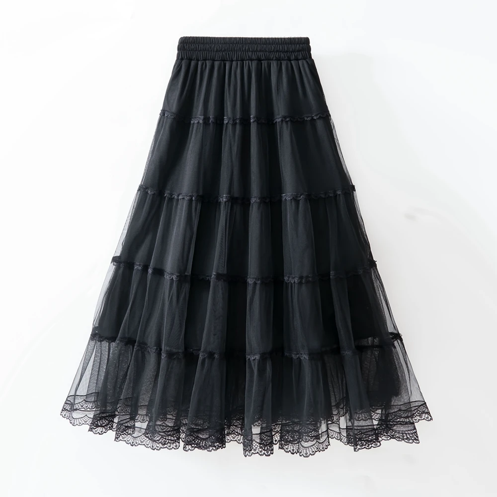 Y2K Mexh Long Skirt Women Vintage Summer Spring Ball Gown Ruffles Elegant Tutu Skirt Party Black Maxi Skirts Woman Tulle Skirt