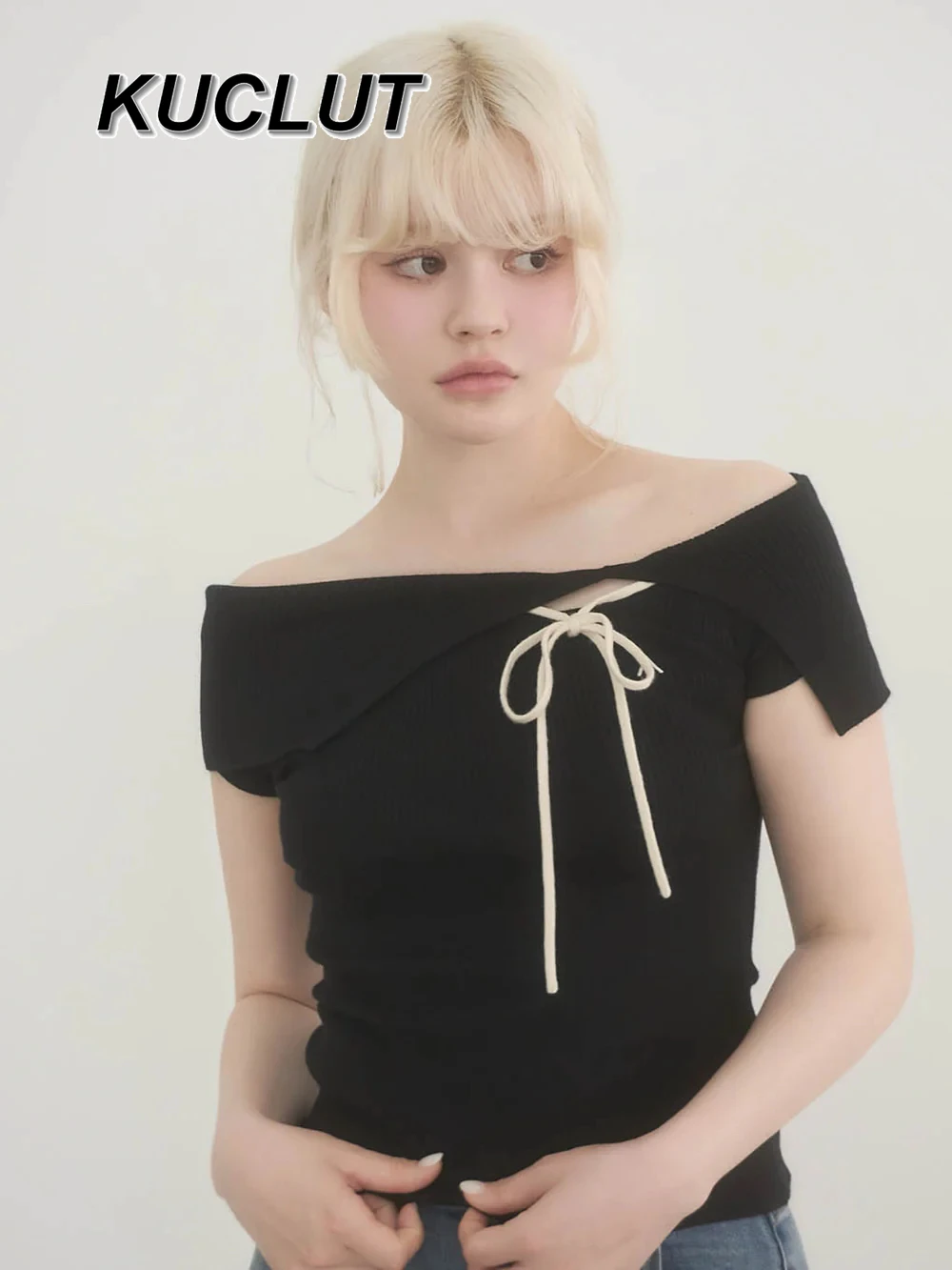 Japanese Style Lady Casual Tee New Off The Shoulder Tshirt Femme Knitted Short Top 2025 Summer Women‘s T-shirts Fashion