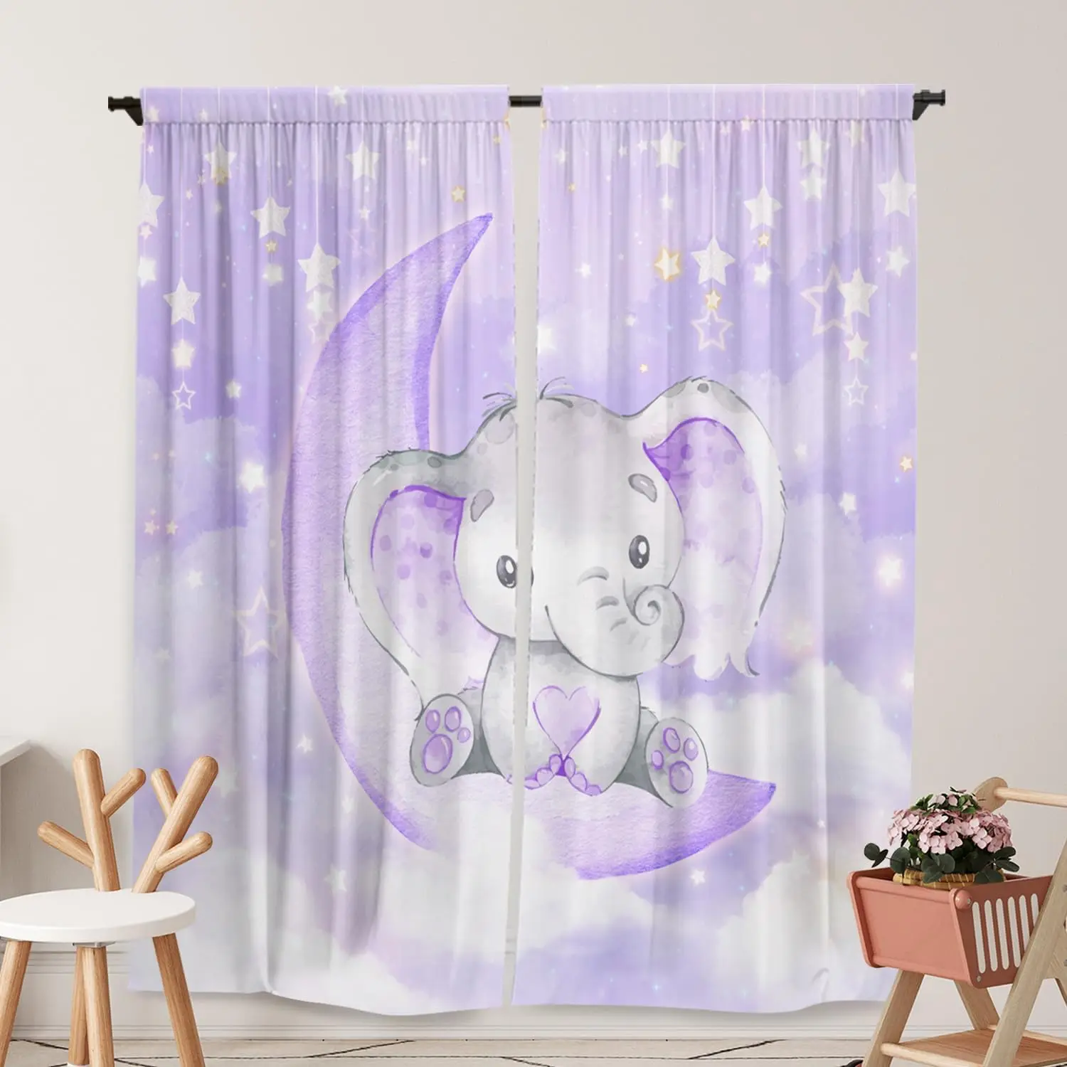 Watercolor Purple Elephant Window Curtains for Kids Boys Girls Twinkle Star Baby Living Room Bedroom Nursery Toddler Home Rod