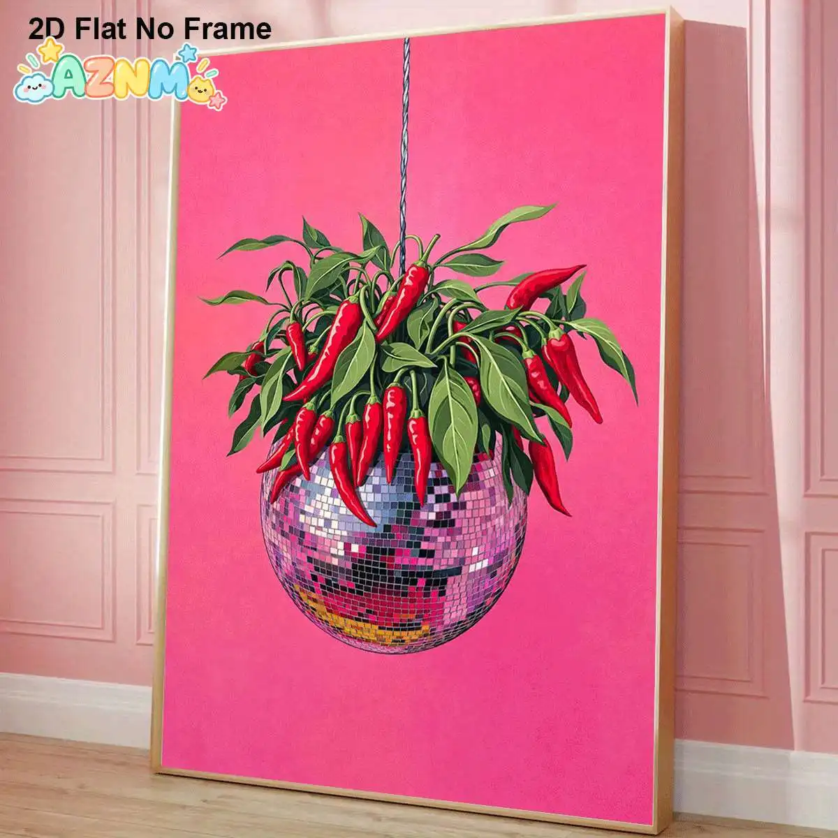 2D Flat, 2D Flat, A 2D Flat, Single Piece Frameless Canvas Featuring Red Chili Peppers Suspended from a Disco Ball Plant Agai
