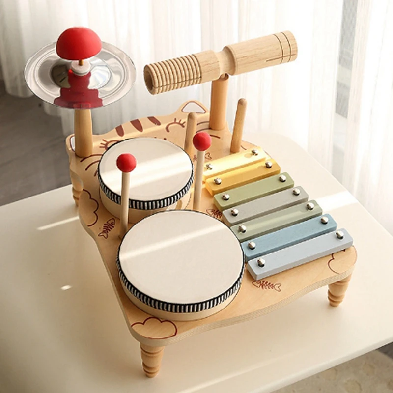 Kids Drum Set For Toddlers Wooden Early Education Beginner Percussion Music Table Children's Drum Rack Set Easy Install