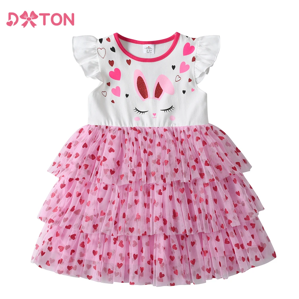 DXTON Children Summer Clothing Sleeveless Girls Dress Rabbit Ear Kids Princess Wear Heart Print Cake Mesh Layer Toddler Dresses