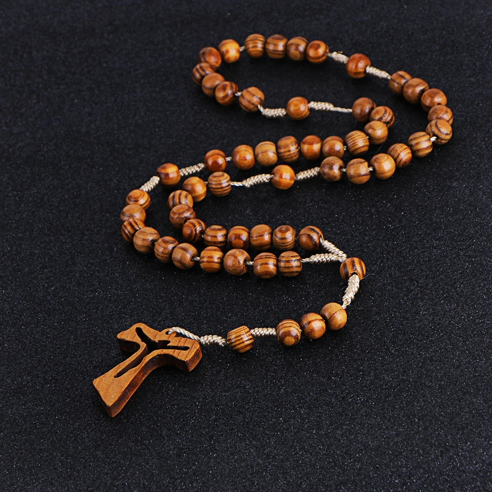 Croix creuse catholique bois perlé chapelet colliers chrétien INRI Crucifix croix pendentif longue chaîne hommes Religion prière bijoux