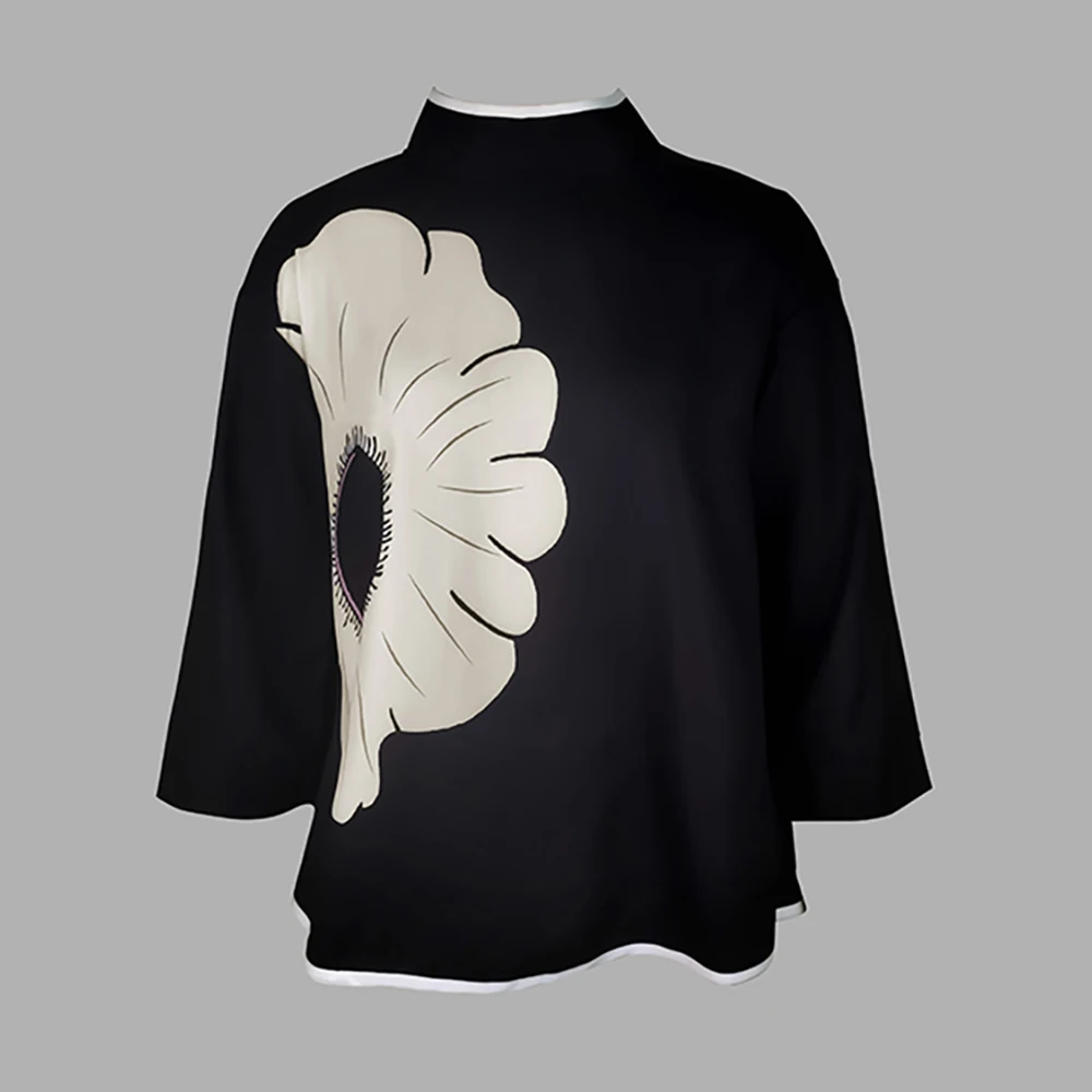 

Uoozee A-Line High-Low Flower Print Mock Neck T-Shirts Tops