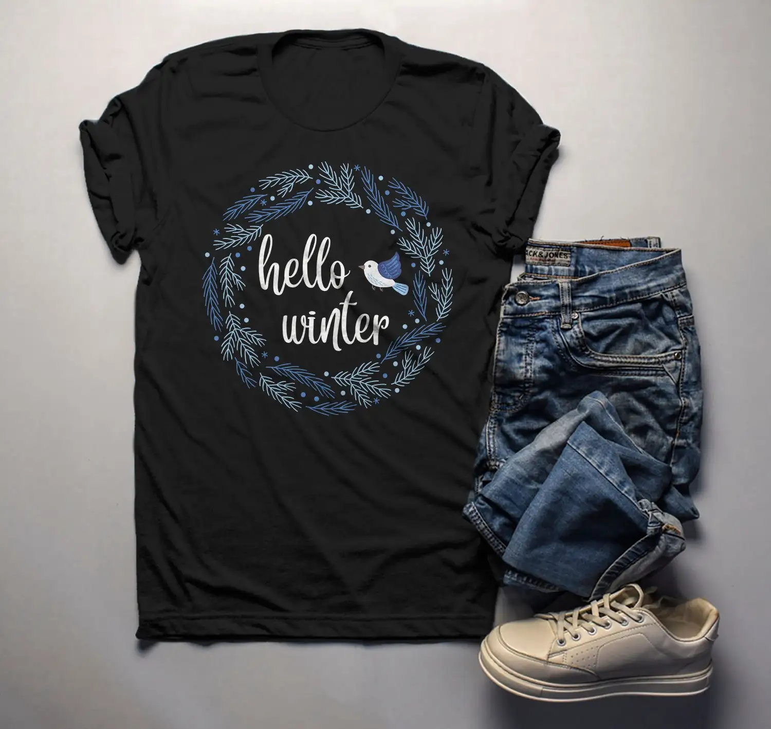 Men'S Winter Wreath T Shirt Hello Beautiful Bluebird Cute Outfit