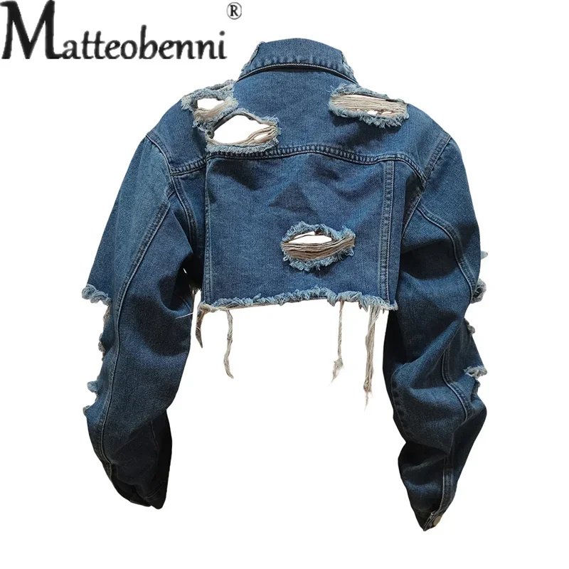 Chaqueta vaquera corta de manga larga con agujeros rotos para mujer, ropa de calle de tendencia, prendas de vestir exteriores informales, abrigo empalmado con doble botón