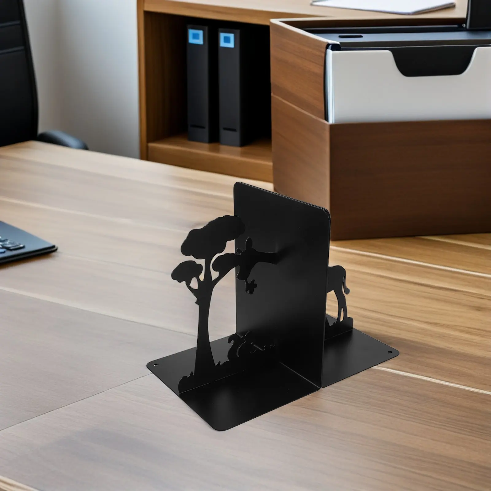 1Set Desktop Bookends Metal Giraffe and Squirrel Decorative Black Non-Slip Book Holder Organizer for Home Office Study Room Desk