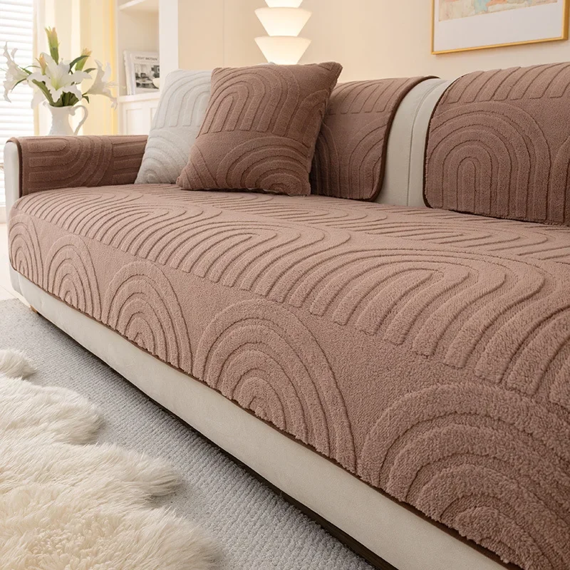 Italian Velvet Arch Jacquard Sofa Cover Solid Simple Dustproof Plush Sofa Slipcover Soft Anti-Slip Seat Cushion for All Season