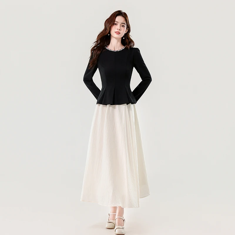 Autumn French Elegant High-end 2 Piece Set Women's O-Neck Beaded Top + Apricot Color Long Skirt Casual Chic Minimalist Outfit