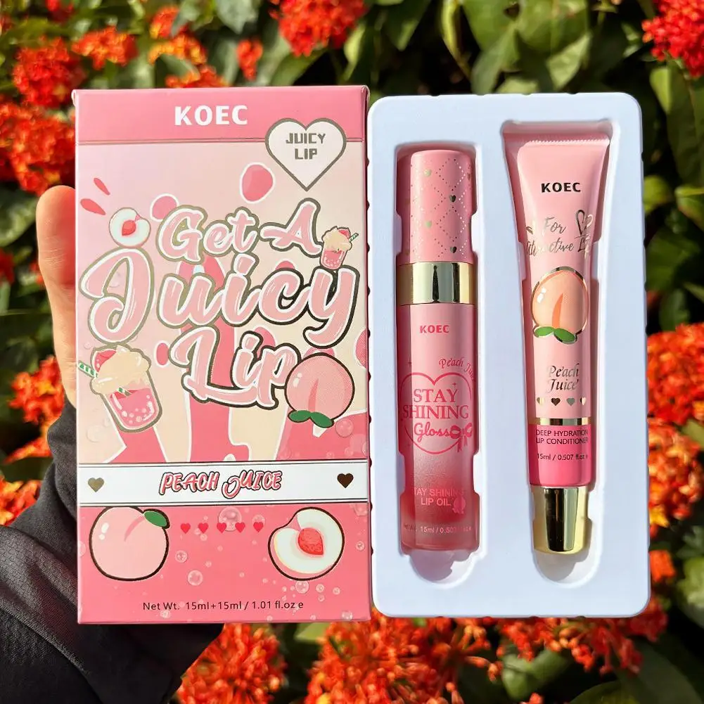 Erdbeer-/Pfirsich-Lippenpflegeset, Pfirsich-Lippenöl, feuchtigkeitsspendende und risshemmende Lippenlotion, feuchtigkeitsspendende Lippen und sorgt für Glanz