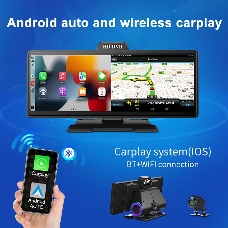 4K Car Dashboard Camera Carplay & Android Auto Wireless Miracast Dual Lens Video Recorder WiFi GPS Navigation DVRs Audio Player