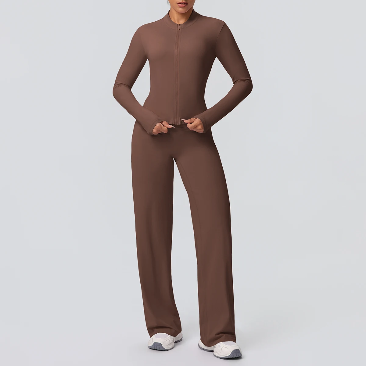 Rooftrellen 2PCS Women's Sports Suit Quick Drying Fitness Training Top Yoga Zipper Coat High Stretch Thin Loose Wide Leg Pants