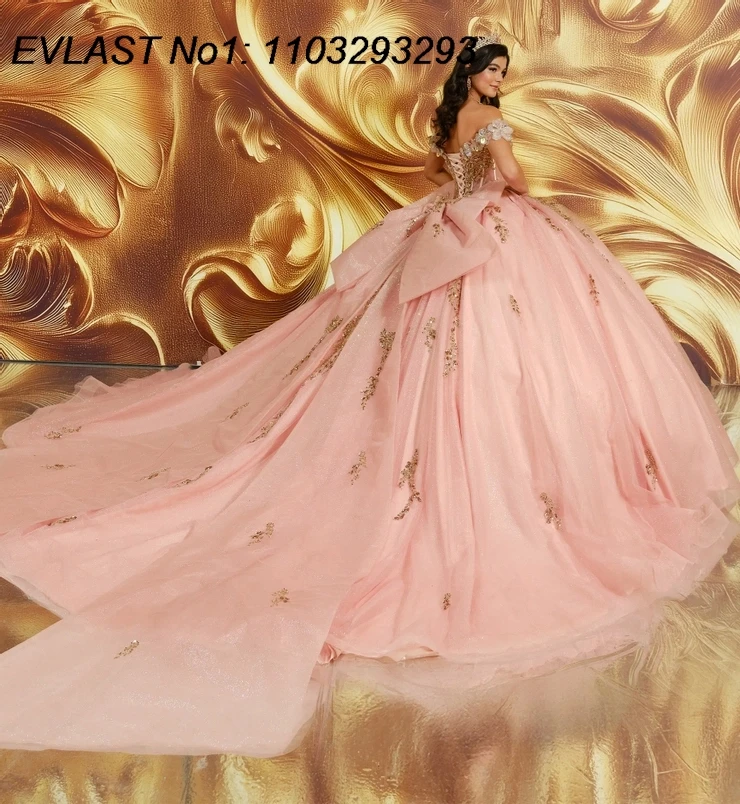 

EVLAST Customized Sparkly Pink Quinceanera Dress Ball Gown Shiny Lace Applique Beading Bow Sweet 16 Vestidos De 15 Anos E1QN442
