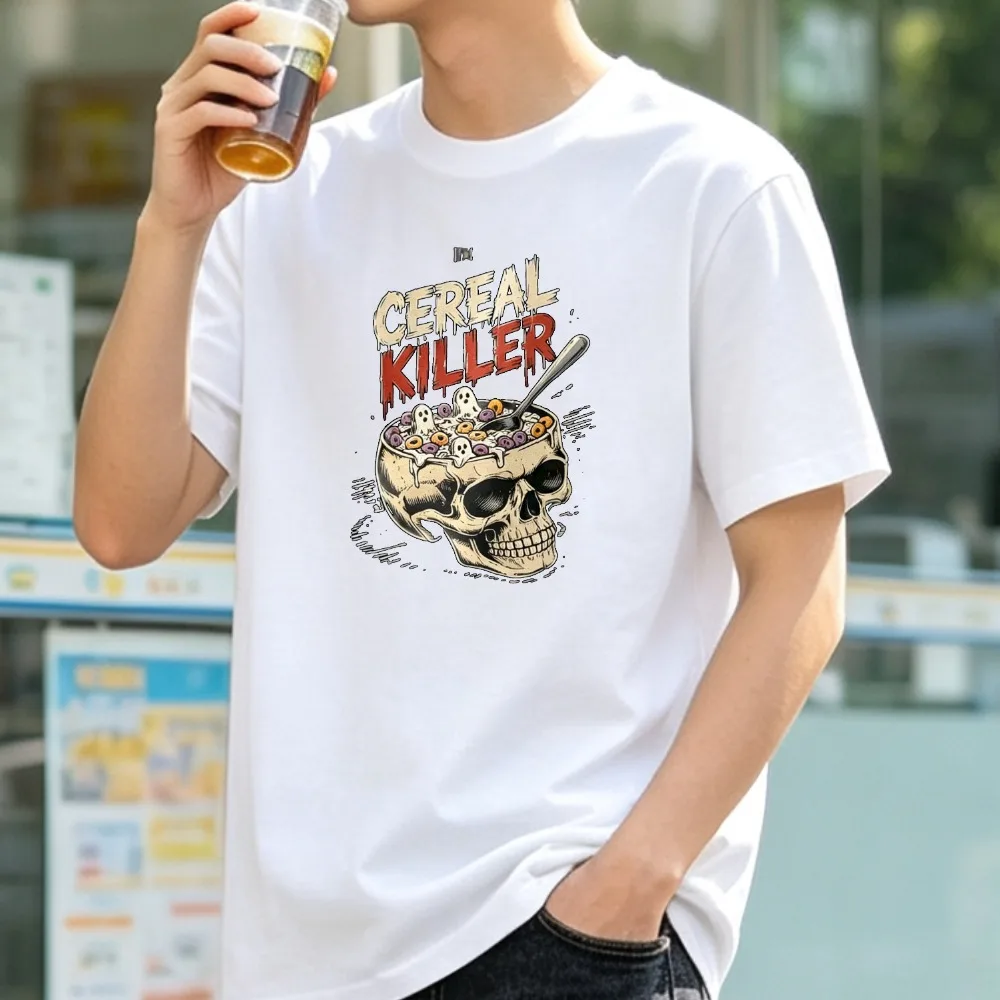 Cereal Killer Skull Tshirt Men Halloween Funny Breakfast Cereal Ghost Graphic Tee Vintage Short Sleeve Tshirt Streetwear Casual