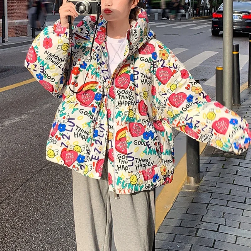 Winter Graffiti Down Padded Jacket Female Korean Version Loose Boyfriend Hooded Cotton-padded Jacket Bread Clothes Fashion Funny