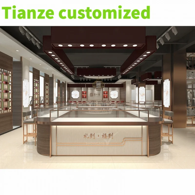 Customized-modern decorative design commercial fashion jewelry display golden jewelry cabinet stainless steel display showcase f