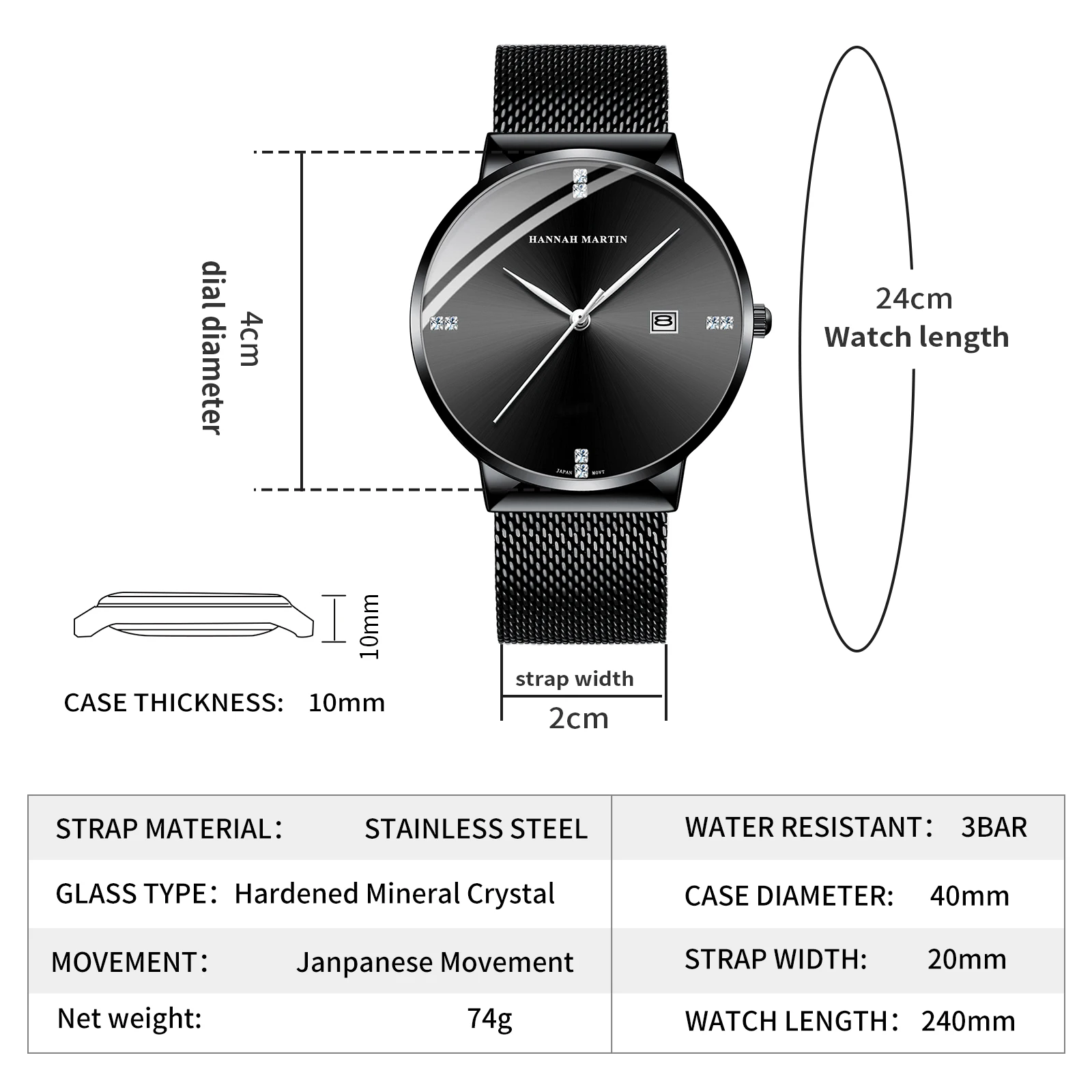 HANNAH MARTIN Men Watch Stainless Steel Classical Business Waterproof Top Brand Luxury Quartz Movement Watches Relogio Masculino