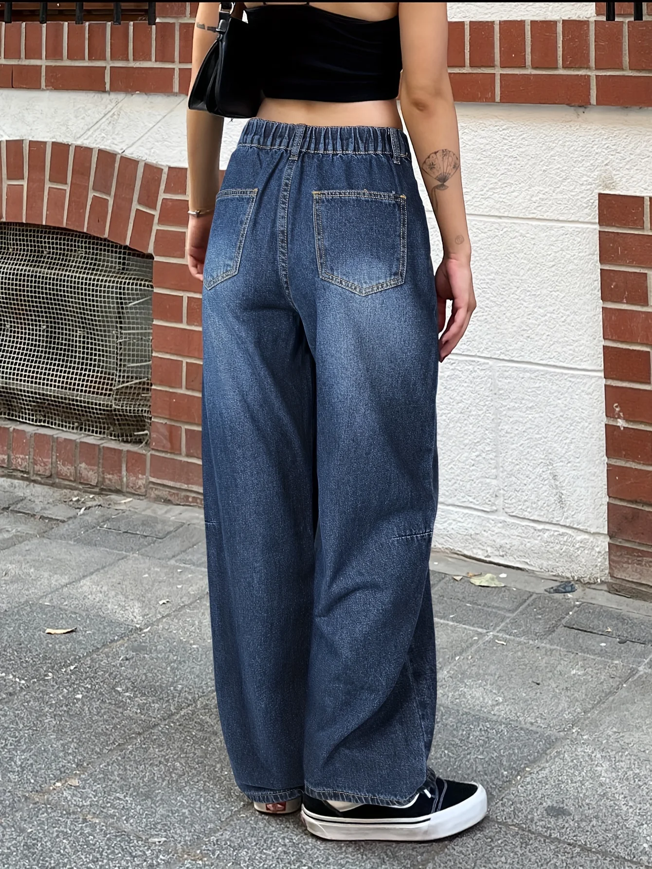 กางเกงยีนส์เอวสูงทรงตรงแบบวินเทจ Y2K แต่งผ้าปะติด ยืดหยุ่นได้ เหมาะสำหรับใส่ไปเรียน