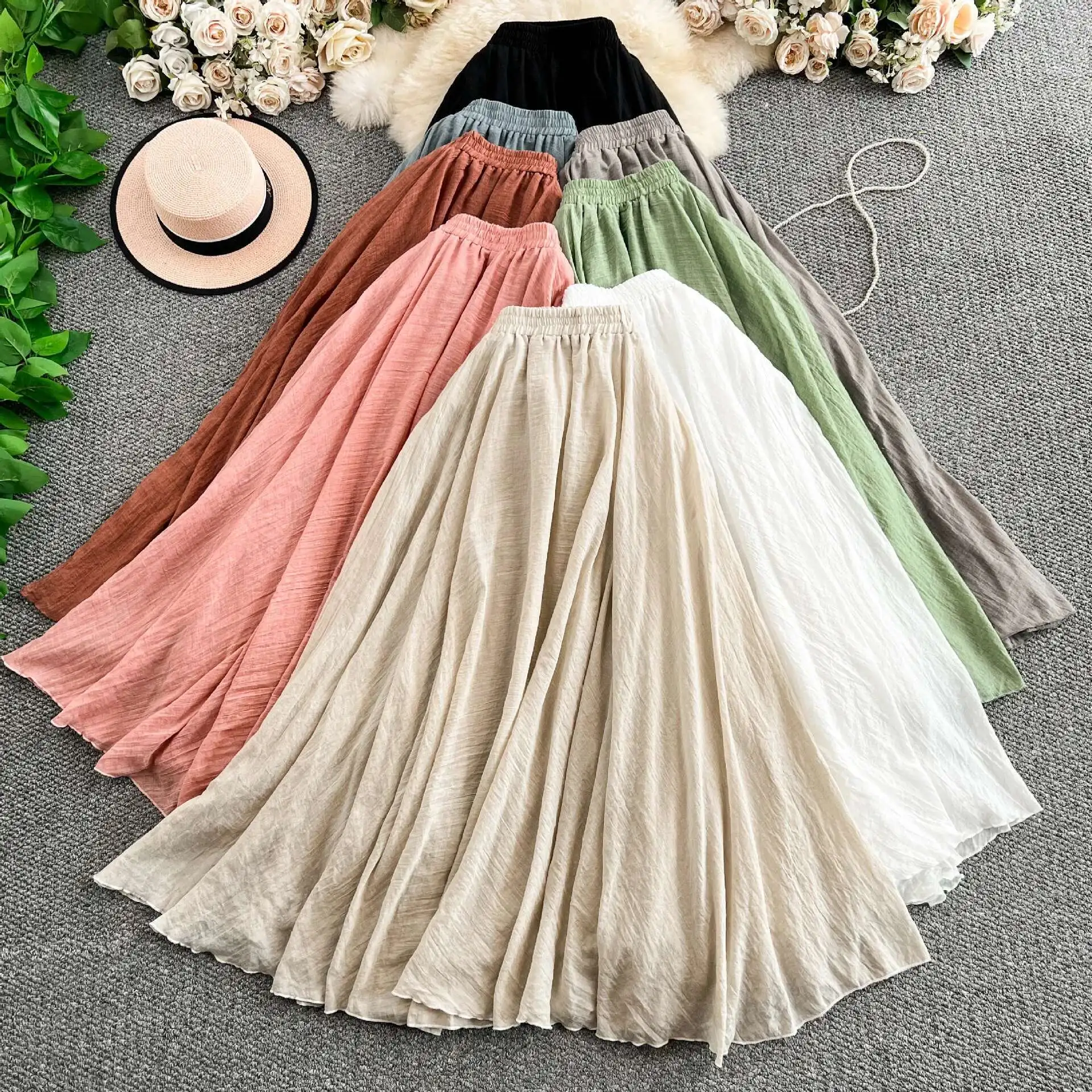 

Women Elegant Midi Skirts Summer New High Waist Solid Casual Long Skirt