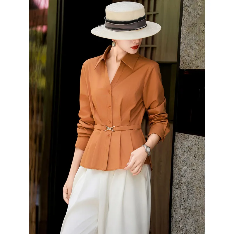 MEXCOCO Women Spring Autumn New Elegant Commuter Office Single‑breasted Lapel Waist‑Tight Slim Fit Shirt Blouse Tops